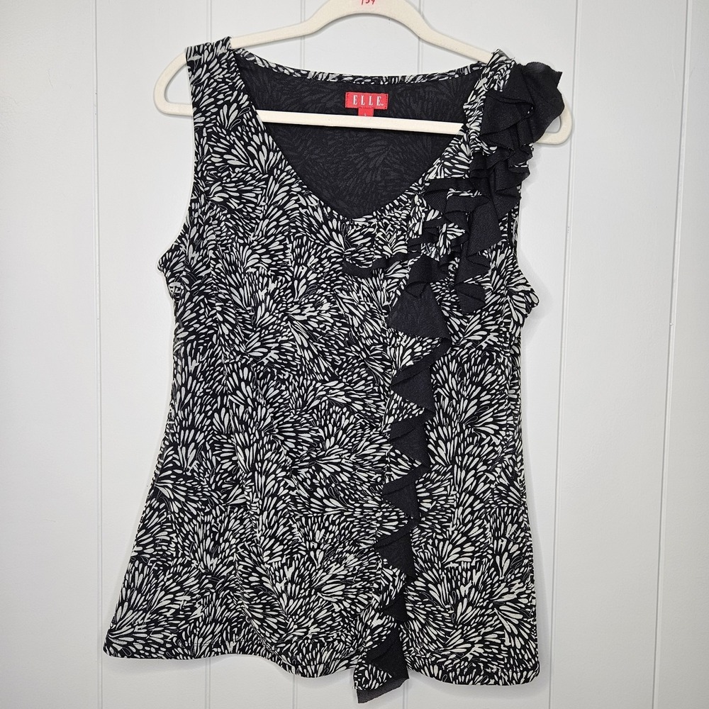 Elle Tank Top Size L Black And White Lined Blouse Ruffles